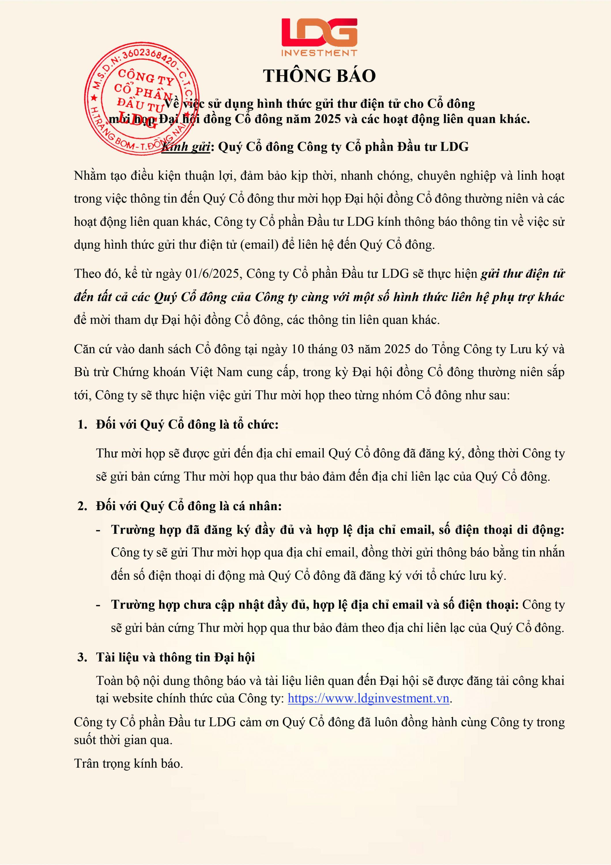 Thông báo sử dụng hình thức gửi thư điện tử mời họp Đại hội đồng Cổ đông năm 2025 và các hoạt động liên quan khác